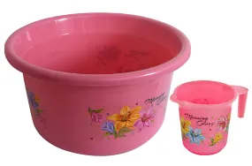 Kuber Industries Printed 2 Pieces Plastic Bathroom Tub & Mug Set (Pink)