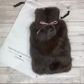 Large Brown Rabbit Fur Hot Water Bottle with Pink Ribbon