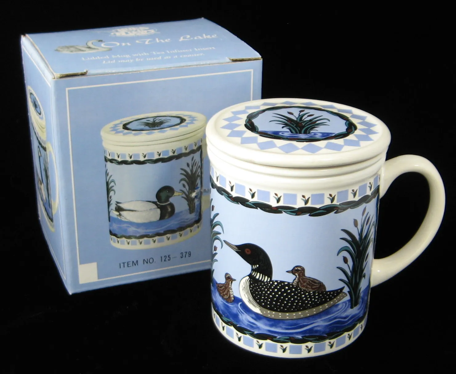 Loon Tea Mug With Infuser And Coaster Birds Blue And White Blue And White Infuser Mug