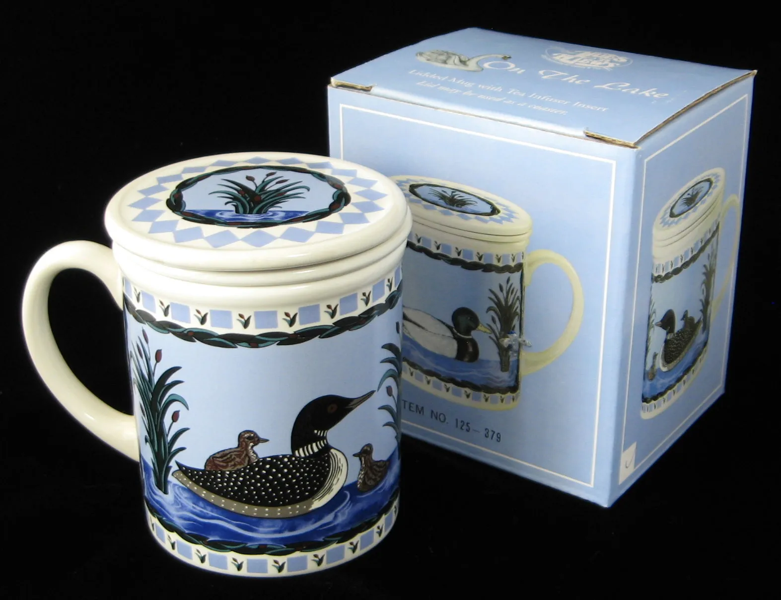 Loon Tea Mug With Infuser And Coaster Birds Blue And White Blue And White Infuser Mug