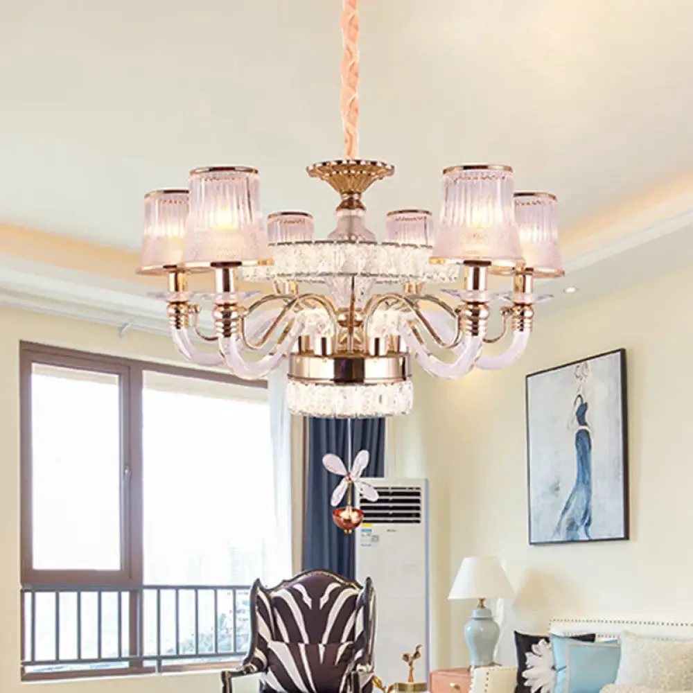 Minimalist 6-Head Gold Chandelier Lamp | Empire Shape | Ridge Glass Hanging Light Fixture