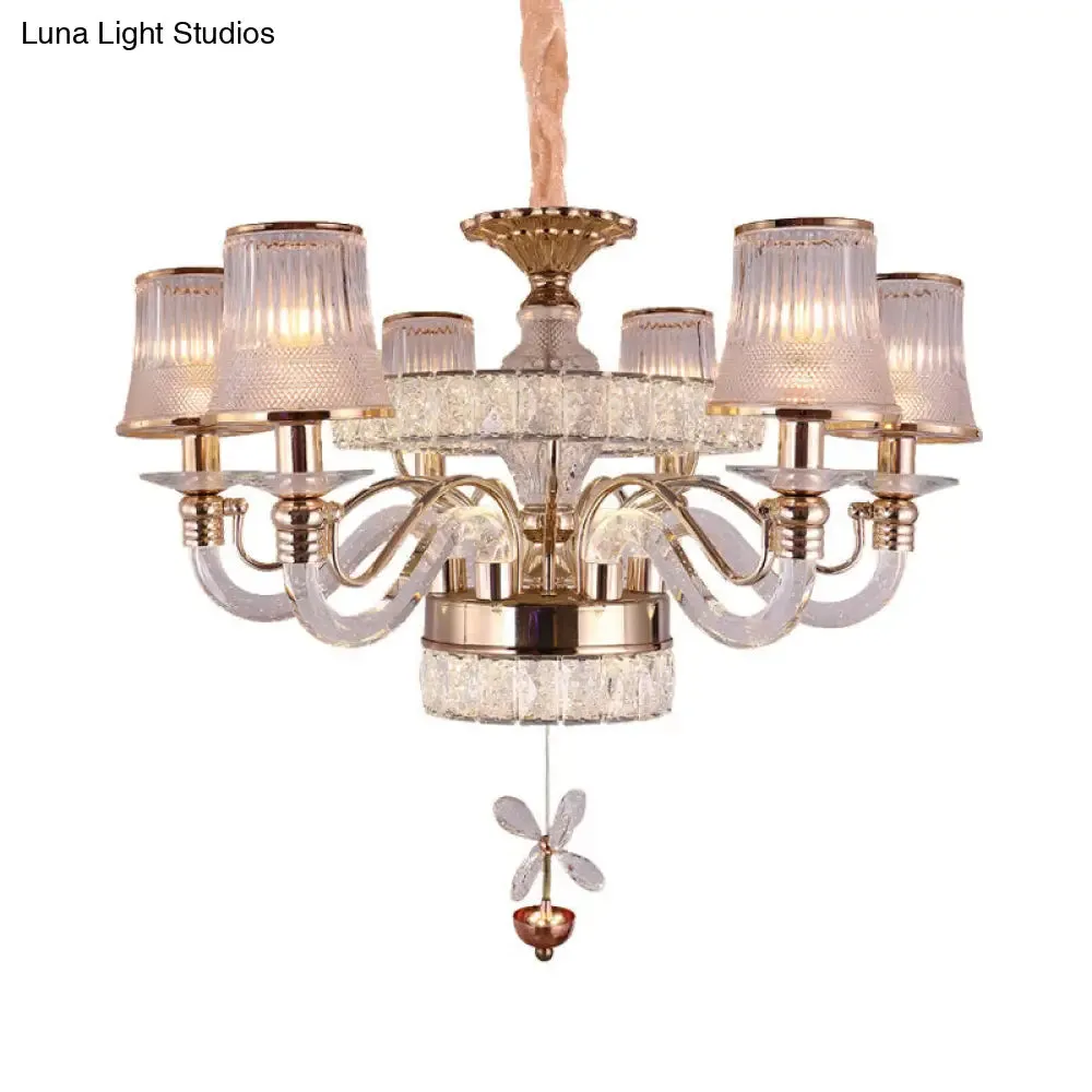 Minimalist 6-Head Gold Chandelier Lamp | Empire Shape | Ridge Glass Hanging Light Fixture