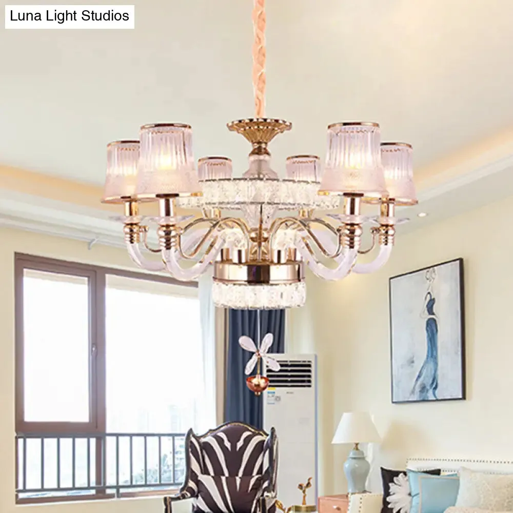 Minimalist 6-Head Gold Chandelier Lamp | Empire Shape | Ridge Glass Hanging Light Fixture