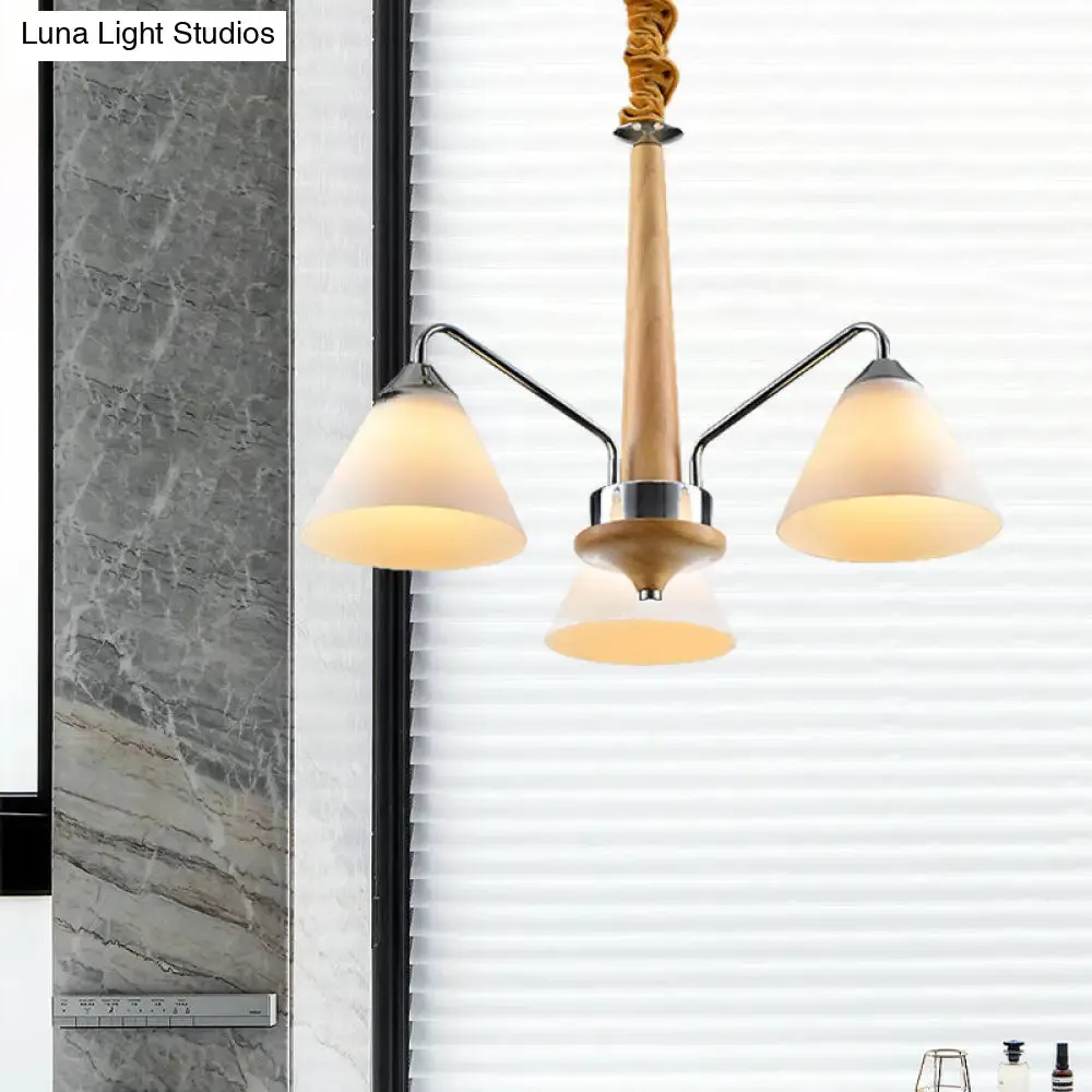 Modern Chrome and Wood Conical Chandelier with Frosted Glass - 3/5 Lights