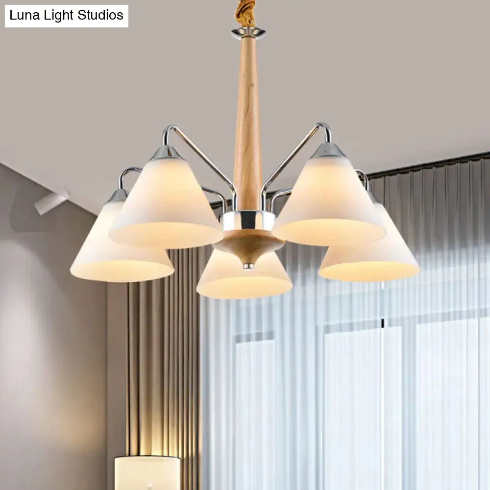 Modern Chrome and Wood Conical Chandelier with Frosted Glass - 3/5 Lights