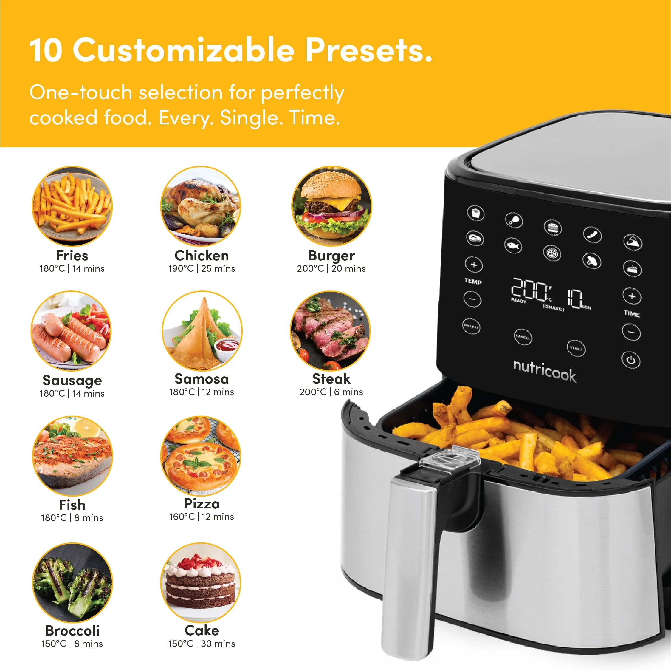 Nutricook Air Fryer 2, 1500 Watts, Digital Control Panel Display, 10 Preset Programs With Built-In Preheat Function, 3.6 Liters, Brush Stainless Steel/Black, 2 Years Warranty