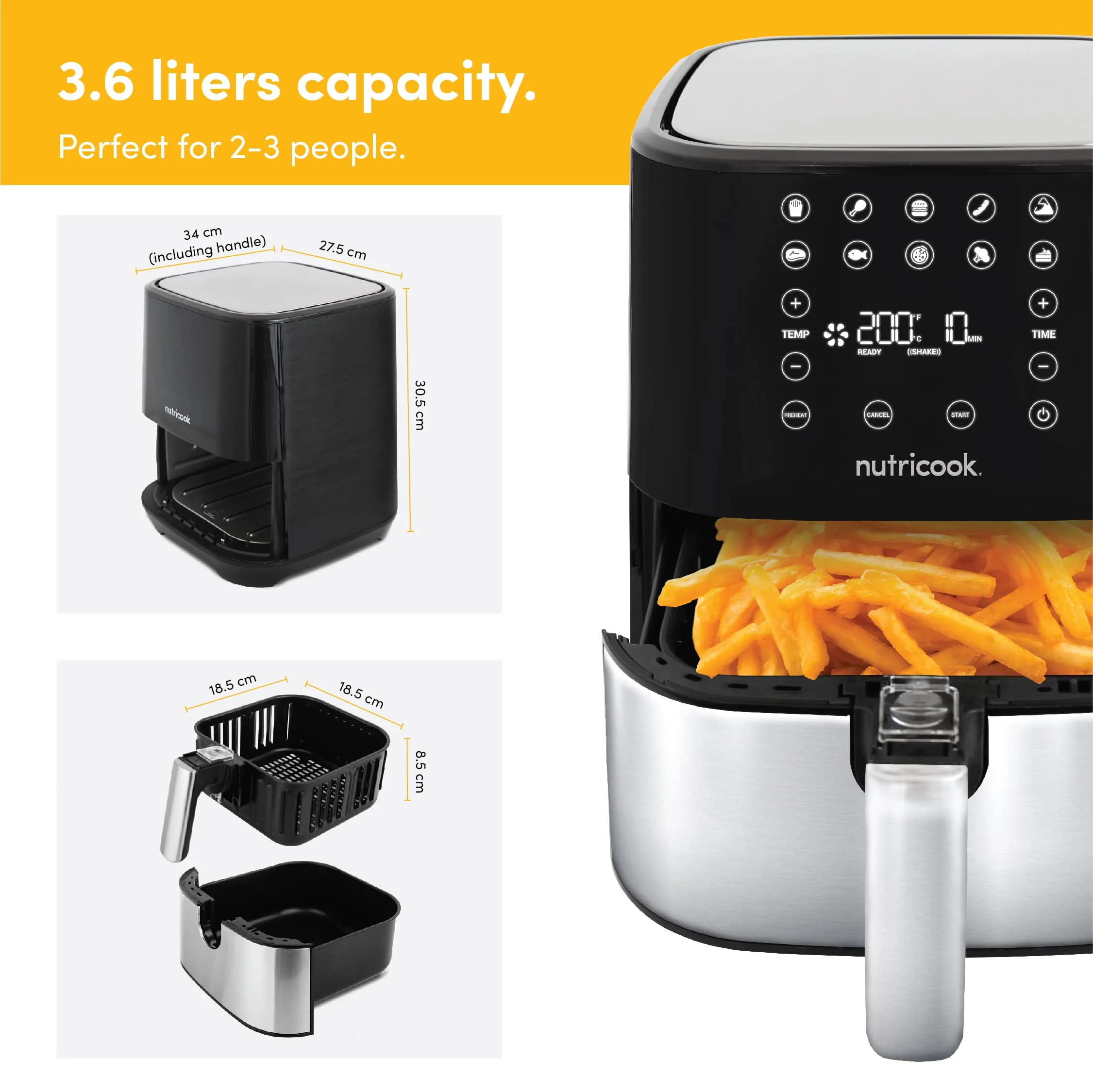 Nutricook Air Fryer 2, 1500 Watts, Digital Control Panel Display, 10 Preset Programs With Built-In Preheat Function, 3.6 Liters, Brush Stainless Steel/Black, 2 Years Warranty