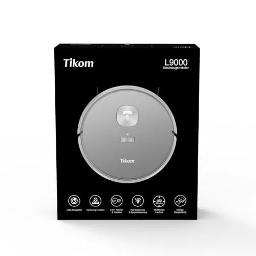 Tikom Robot Vacuum and Mop Combo L9000, LiDAR Navigation, 4000Pa Robotic Vacuum Cleaner, Up to 150Mins, Smart Mapping, 14 No-go Zones, Good for Pet Hair, Carpet, Hard Floor, Gray