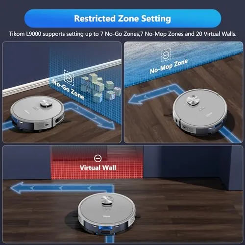 Tikom Robot Vacuum and Mop Combo L9000, LiDAR Navigation, 4000Pa Robotic Vacuum Cleaner, Up to 150Mins, Smart Mapping, 14 No-go Zones, Good for Pet Hair, Carpet, Hard Floor, Gray