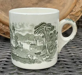 Vtg Green Transferware Coffee or Cocoa Cup Mug Cattle Sheep Castle Blue White