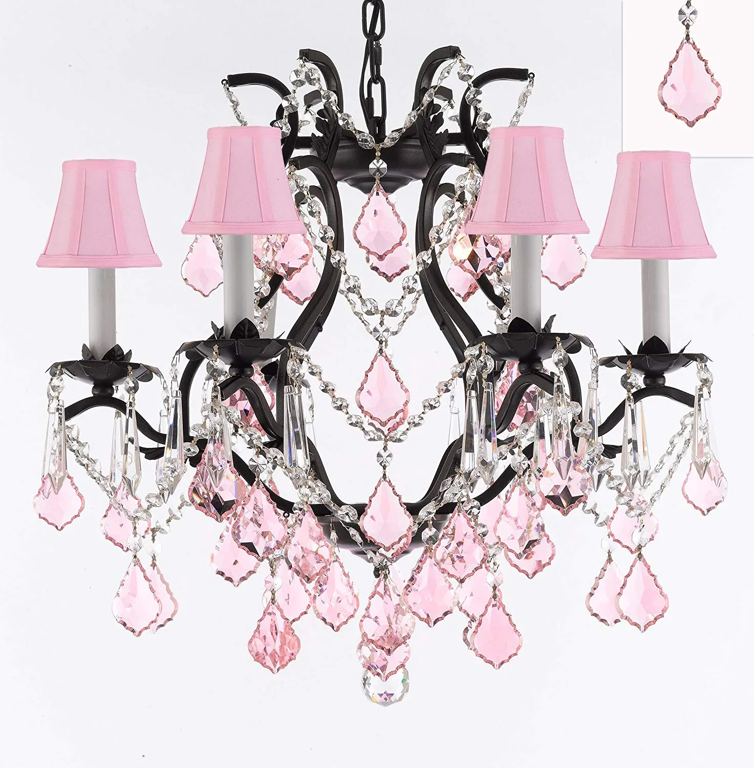 Wrought Iron Crystal Chandelier Lighting Chandeliers H19" x W20" Dressed with Pink Crystals and Pink Shades! Great for Bedroom, Kitchen, Dining Room, Living Room, and More! - F83-B20/PINKSHADES/3530/6